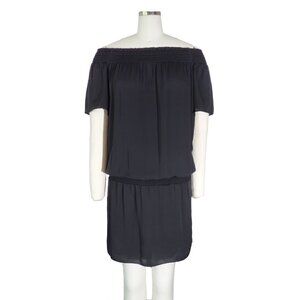 Amanda Uprichard Off Shoulder Blouson Satin Dress Black Sz Small Smock Waist